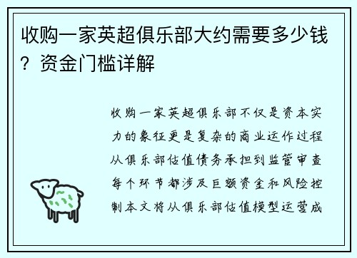 收购一家英超俱乐部大约需要多少钱？资金门槛详解