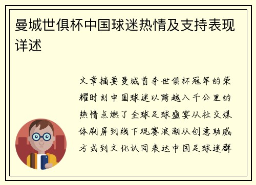曼城世俱杯中国球迷热情及支持表现详述
