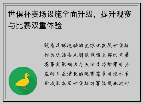 世俱杯赛场设施全面升级，提升观赛与比赛双重体验