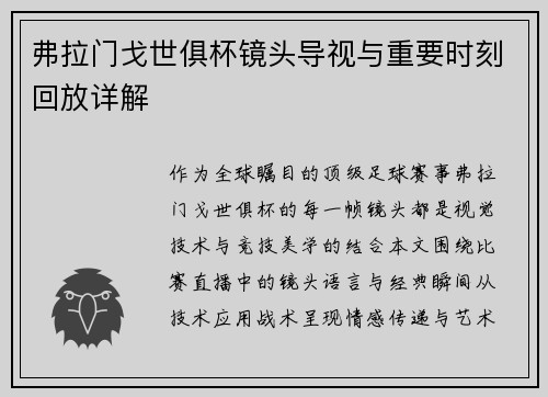 弗拉门戈世俱杯镜头导视与重要时刻回放详解