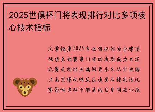 2025世俱杯门将表现排行对比多项核心技术指标